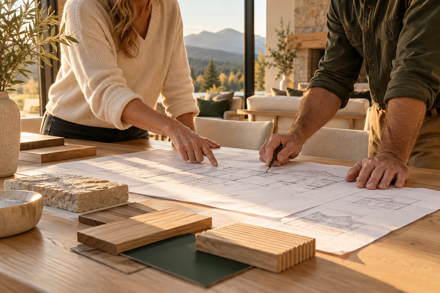 Two people reviewing house plans on a table with timber and stone samples