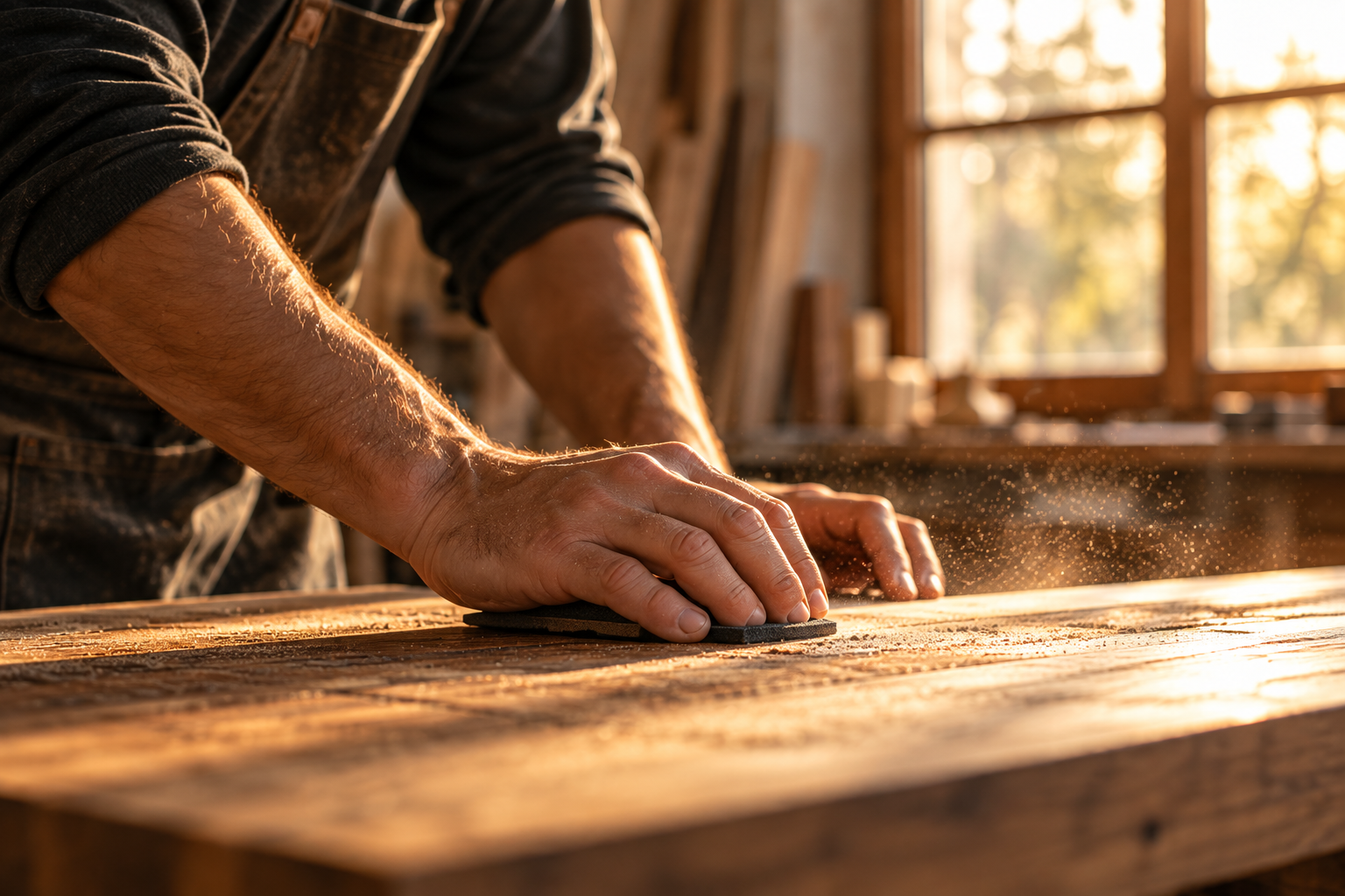 Hands sanding a timber surface with a sanding block in warm light