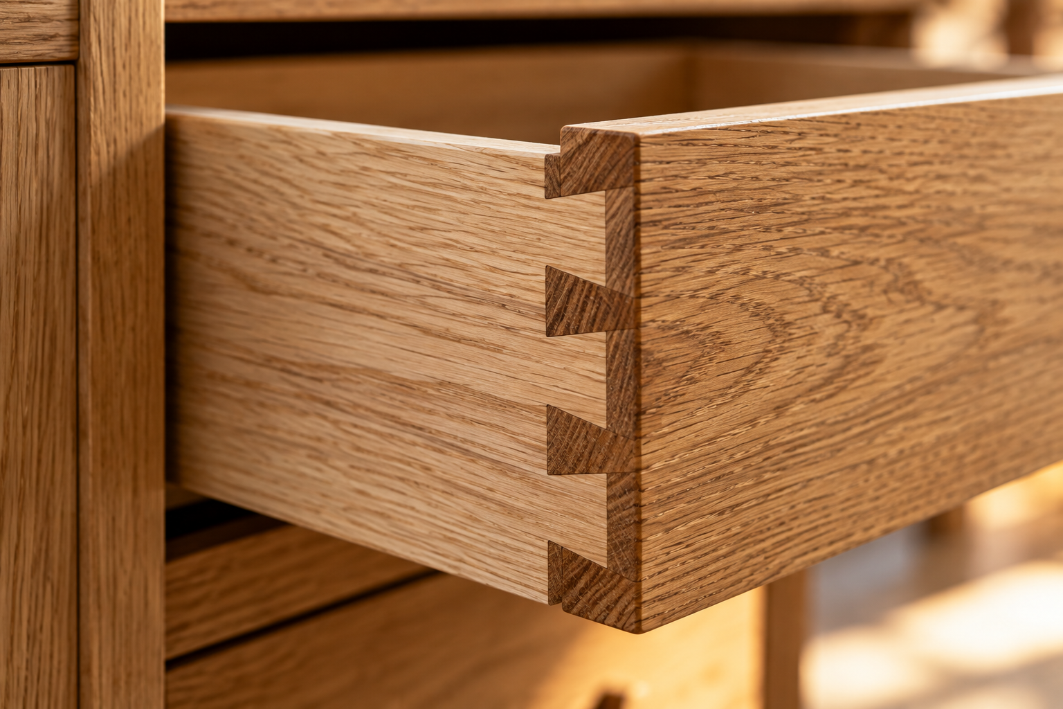 Oak drawer with hand-cut dovetail joints