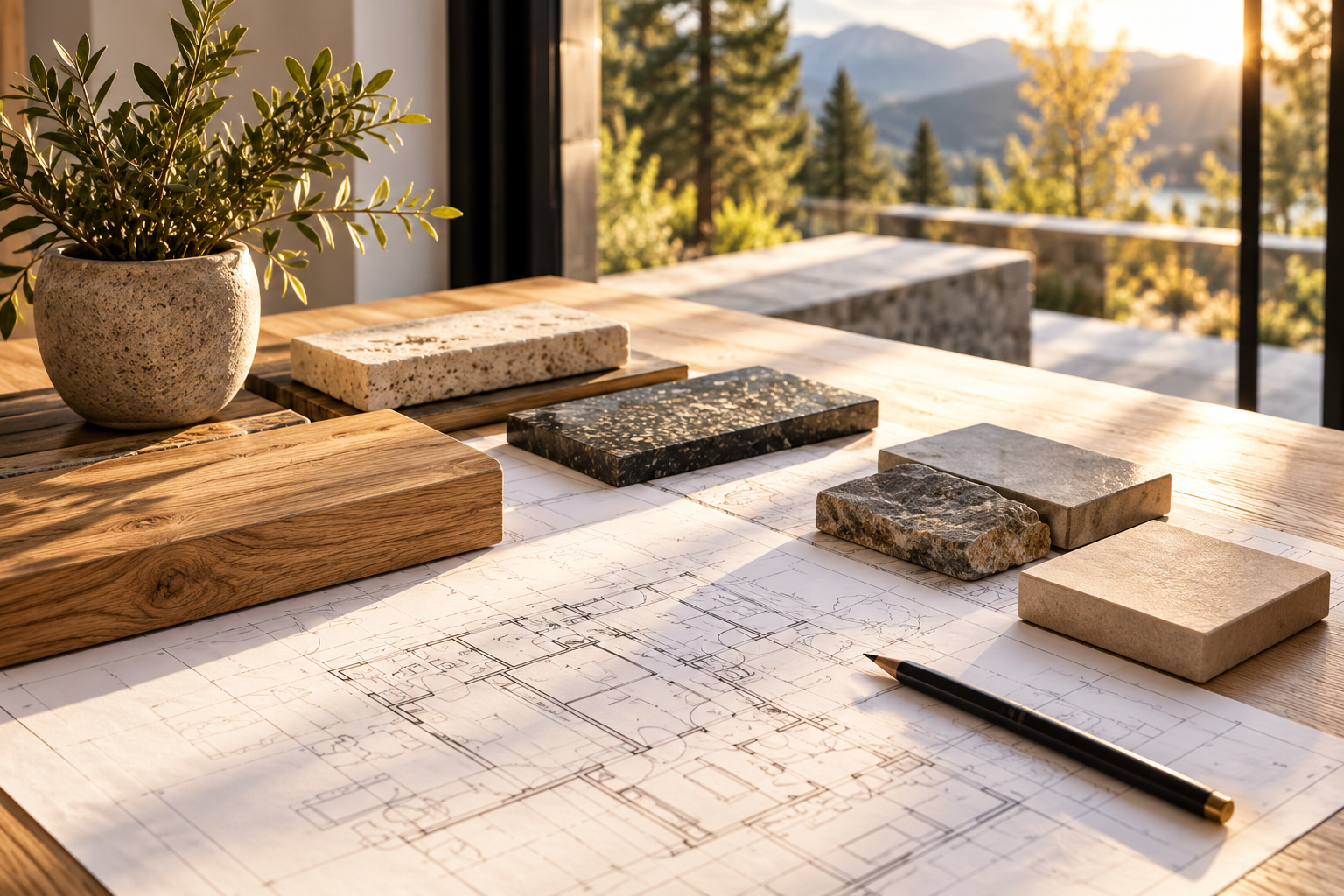 Timber and stone samples beside a pencil on a floor plan