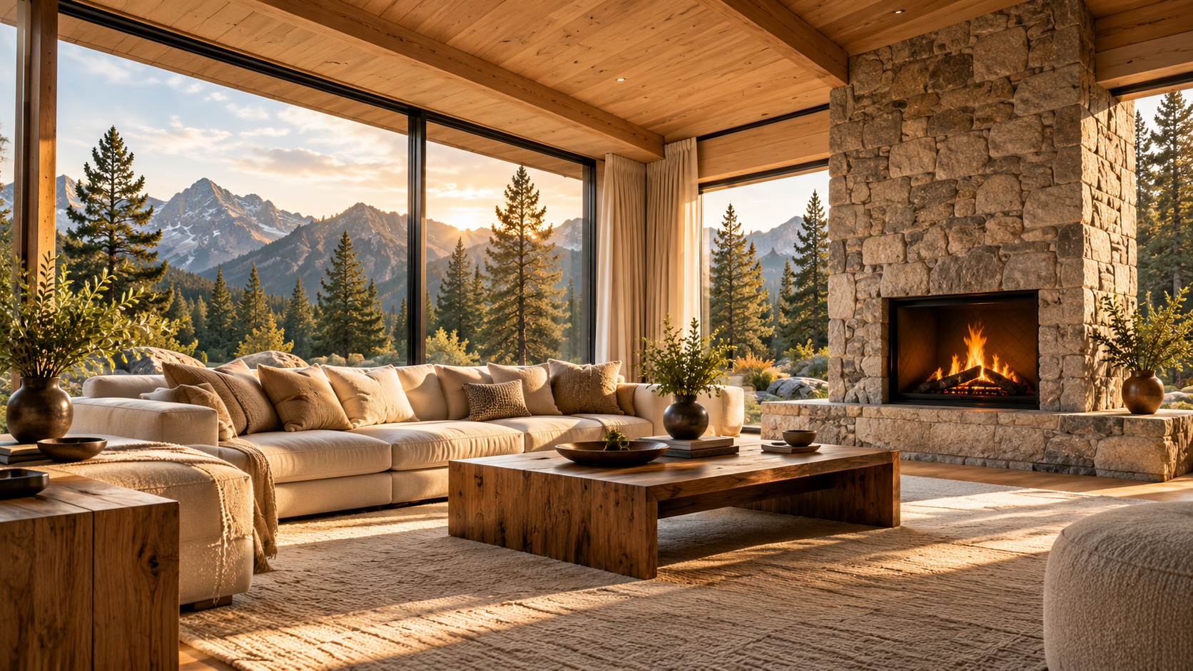 Living room with a stone fireplace, timber ceiling and tall windows