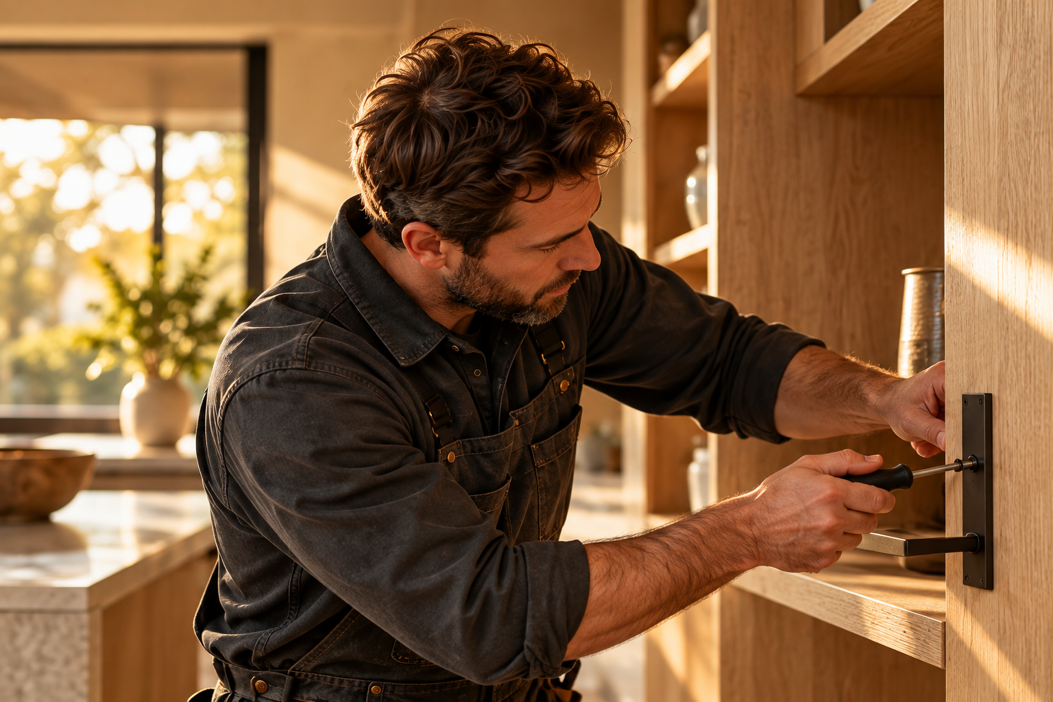 Craftsperson fitting a handle to built-in oak shelving